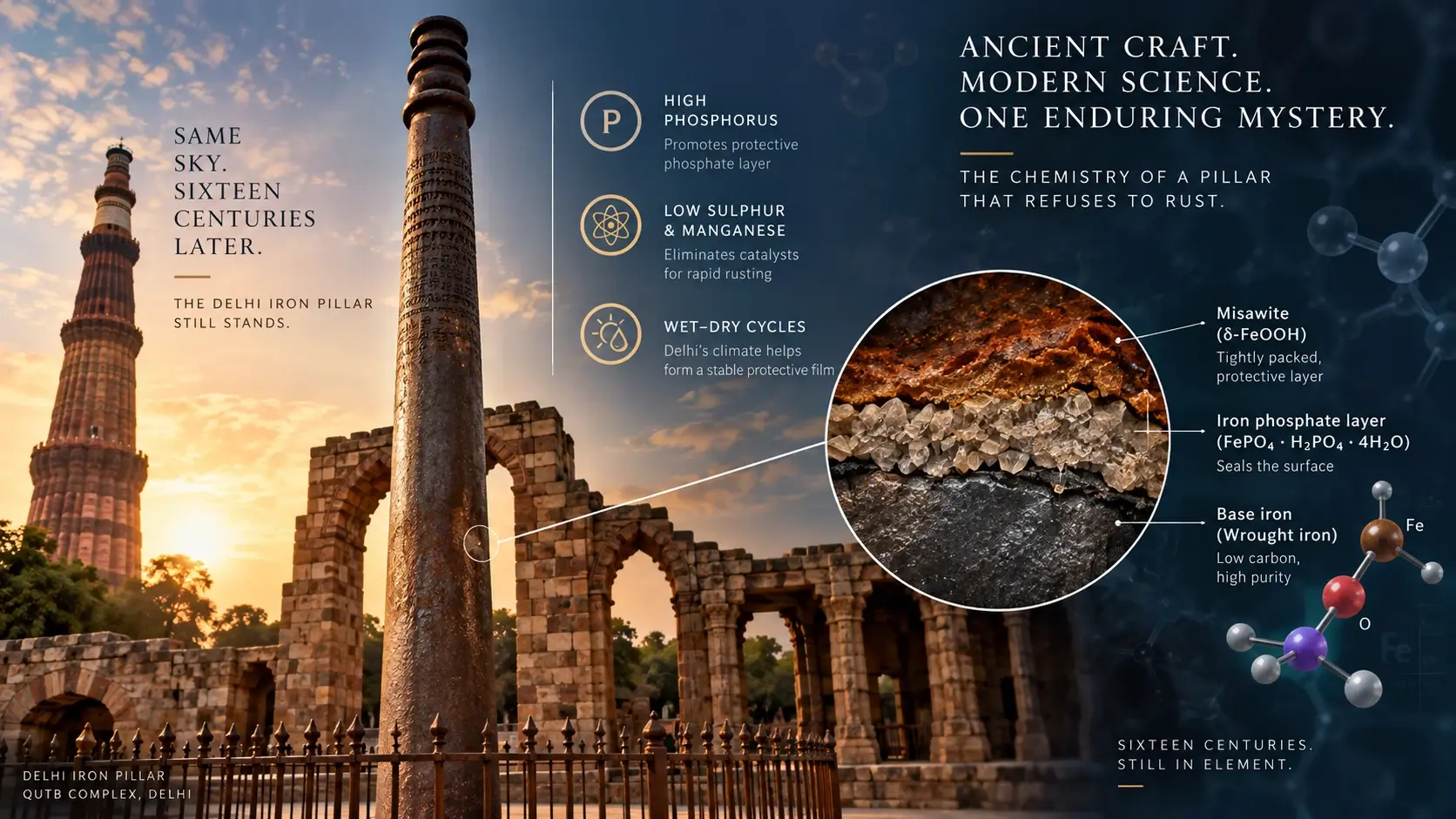 The 1,600-year-old Gupta-era wrought iron pillar at the Qutb Complex in Mehrauli, Delhi.